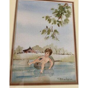 Original Watercolor Painting Boy Floating River Stream Pale Yellow Gold Frame